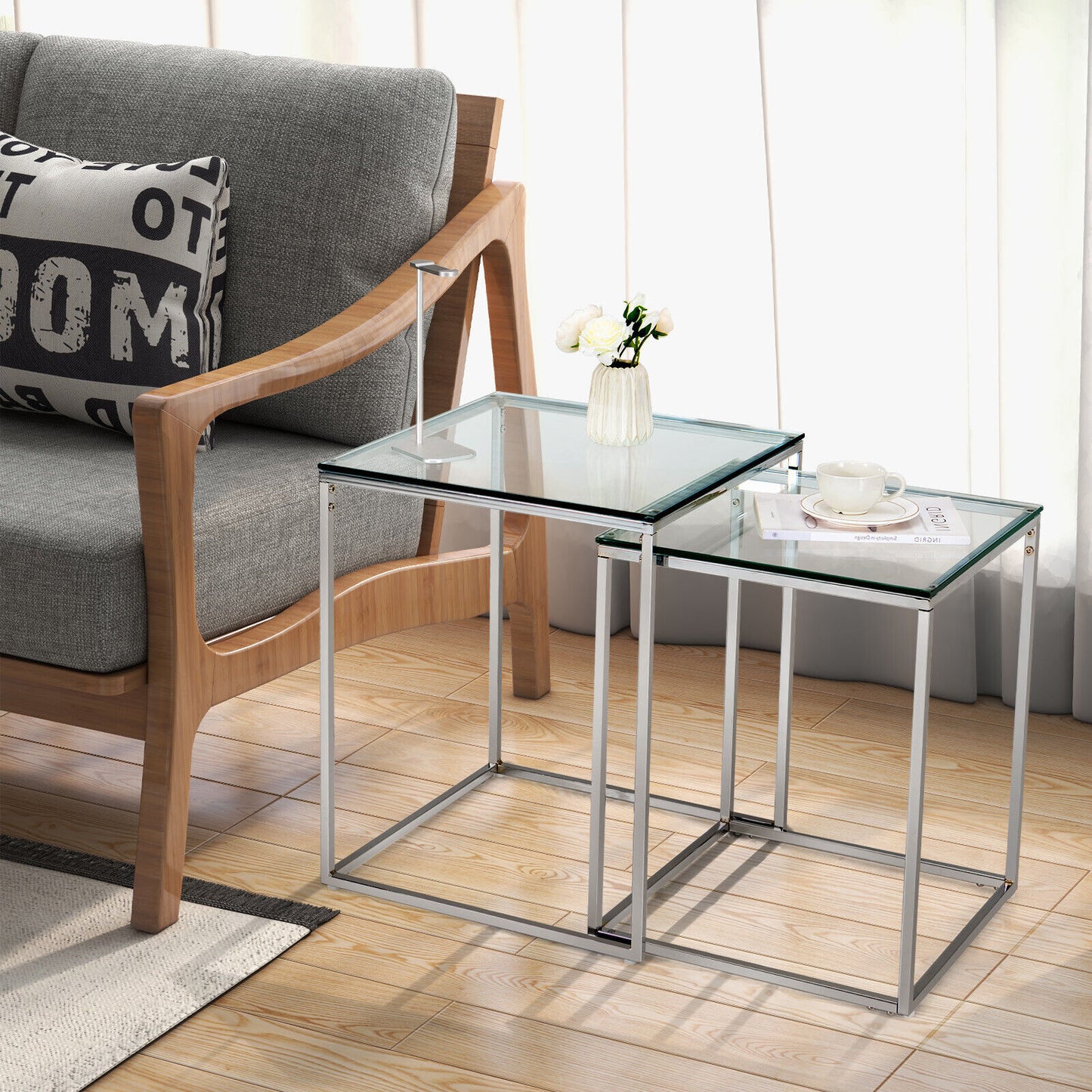 2pcs Nesting Coffee End Corner Side Table Tempered Glass Top Steel Frame Modern