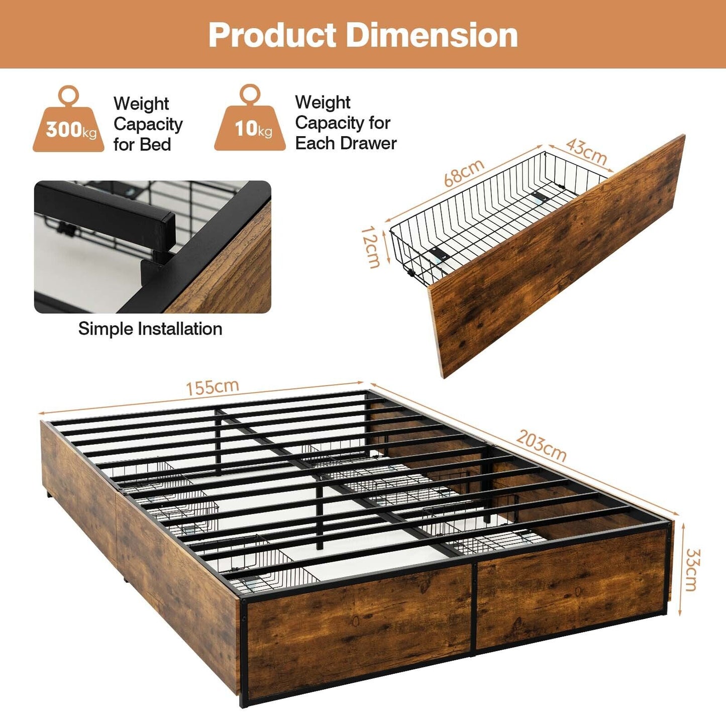 Giantex Bed Frame Queen Size 4-Drawer Platform Mattress Foundation Industrial