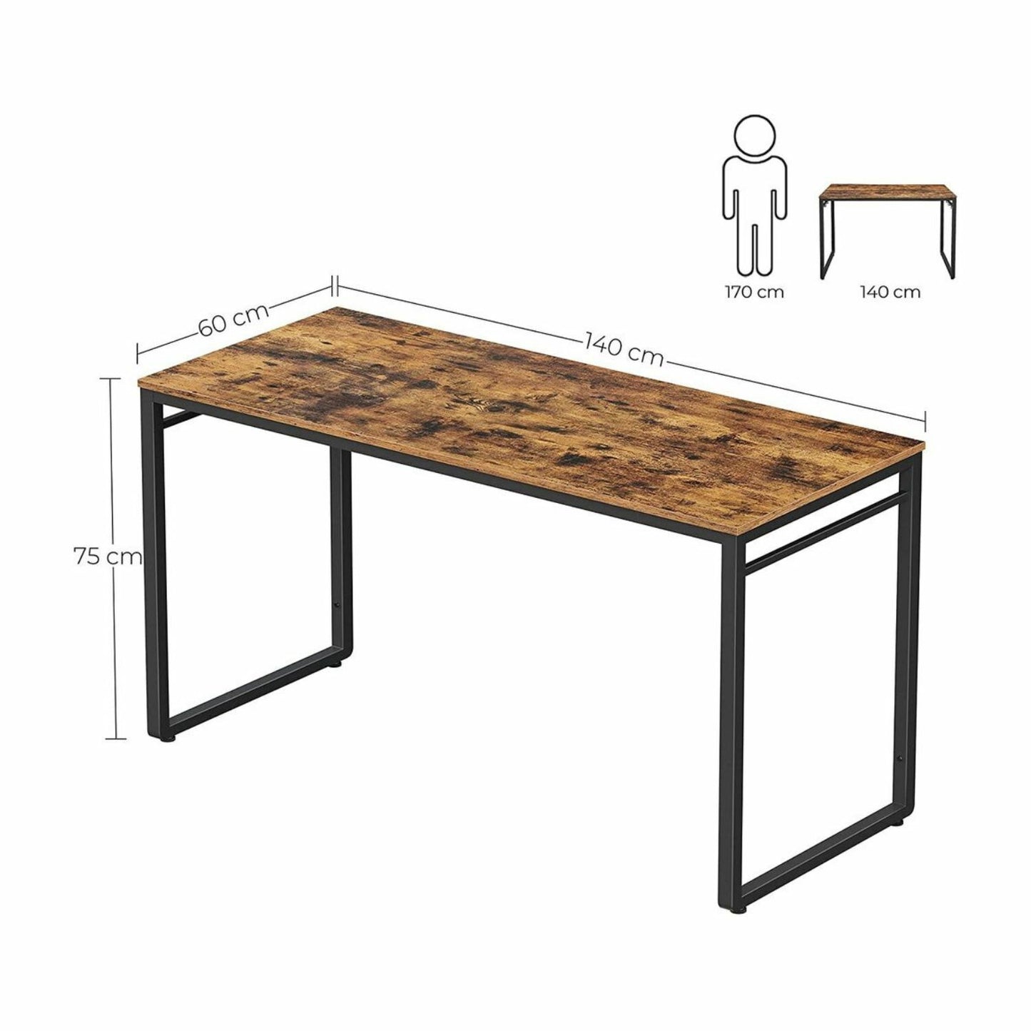 Vasagle Rustic Brown and Black Computer Desk with 8 Hooks 140cm