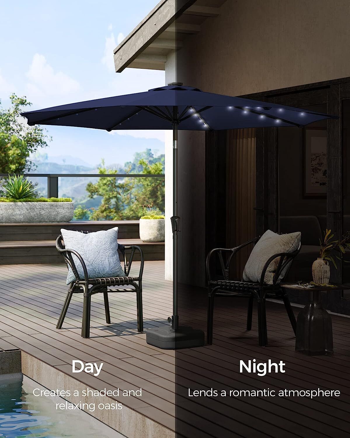 Songmics 2.7m Solar LED Lighted Outdoor Patio Umbrella Navy Blue