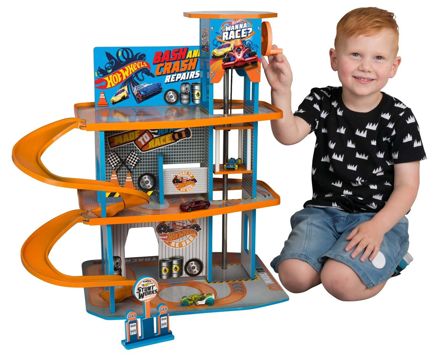 Hot Wheels 63cm Wooden Multi-Storey Car Playset Garage Kids 5y+ Interactive Toys