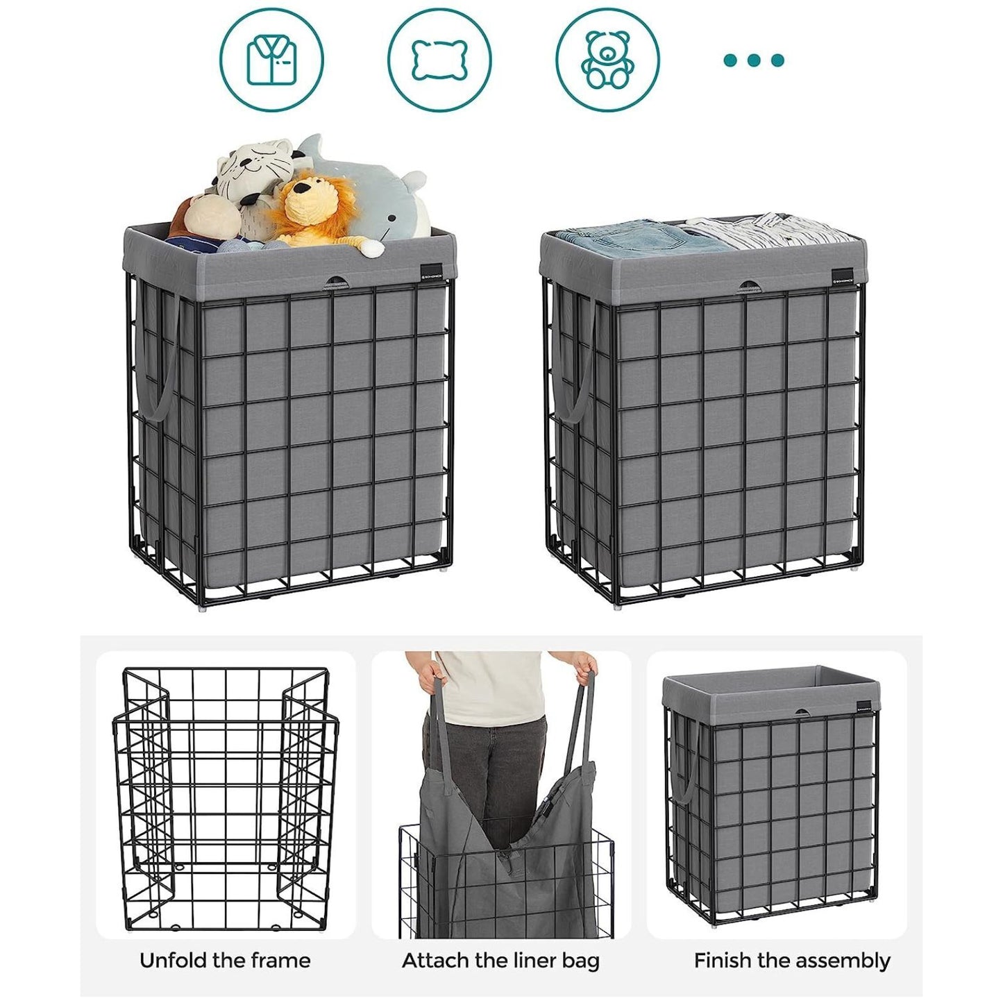 SONGMICS Laundry Hamper 90L Metal Wire Frame Black and Gray