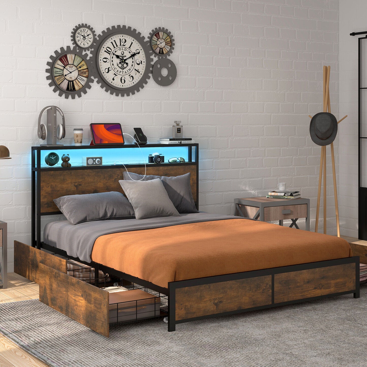 Queen Metal Bed Frame w/ Smart LED Lights & Charging Station Rustic Brown