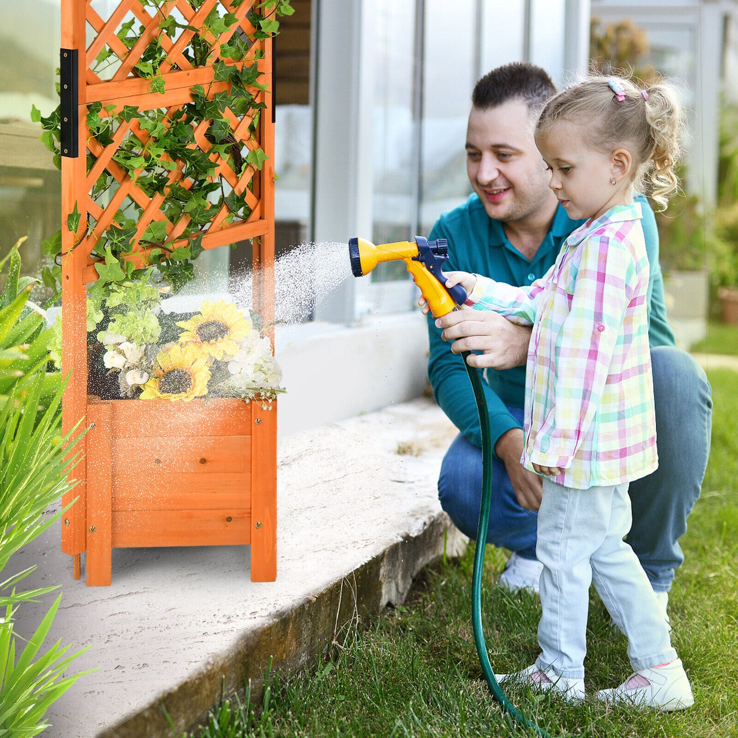 Raised Garden Bed Wooden Planter w/ Trellis for Vine Climbing Plant Flower