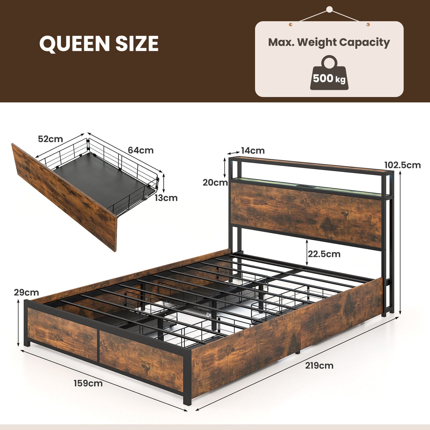 Queen Metal Bed Frame w/ Smart LED Lights & Charging Station Rustic Brown