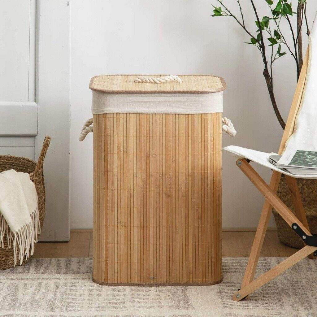 Bamboo Laundry Hamper Basket Wicker Clothes Storage Bag Sorter Bin With Lid