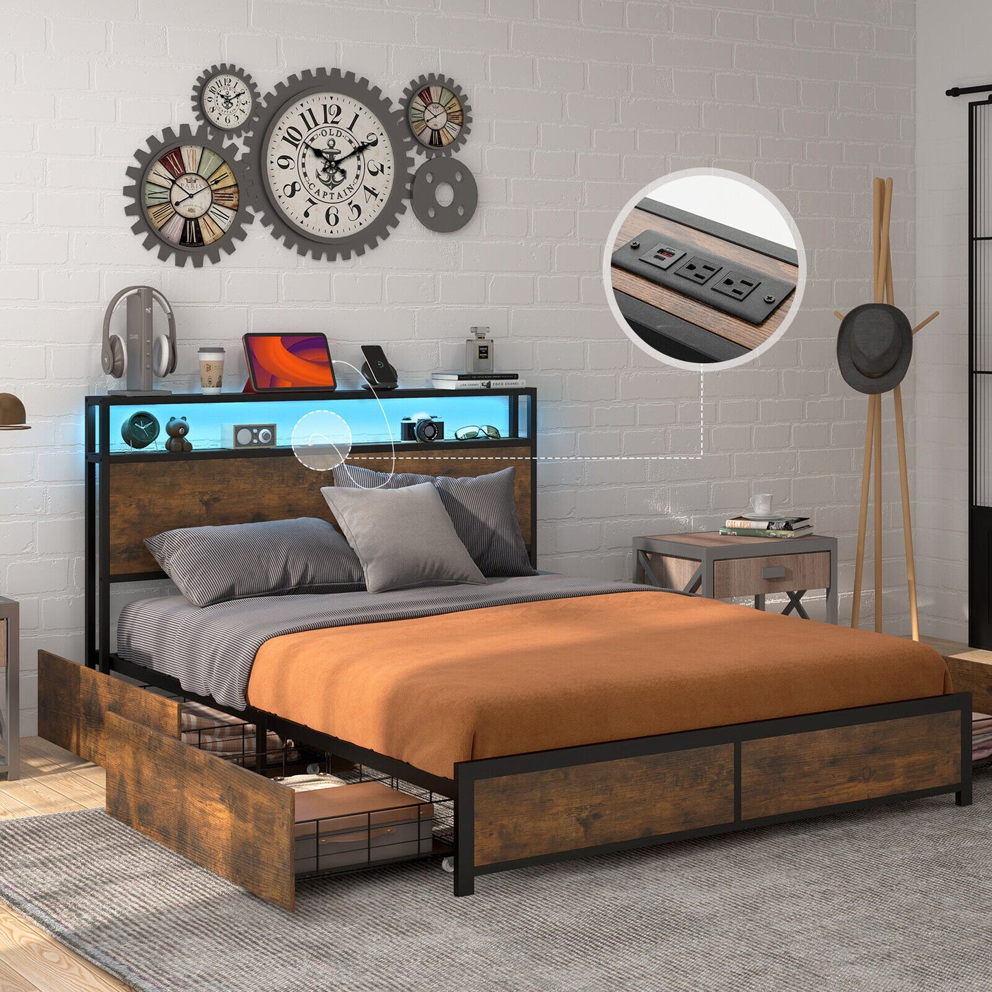 Queen Metal Bed Frame w/ Smart LED Lights & Charging Station Rustic Brown