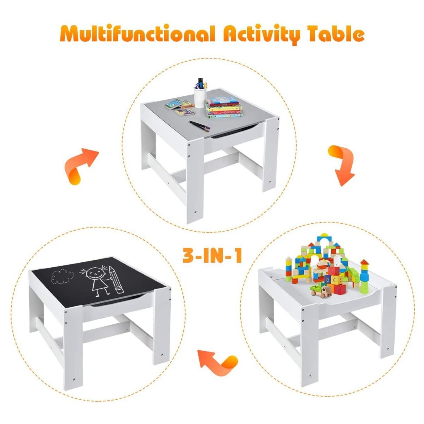 3PCS Kids Table and Chairs Set with Black Chalkboard (Grey)