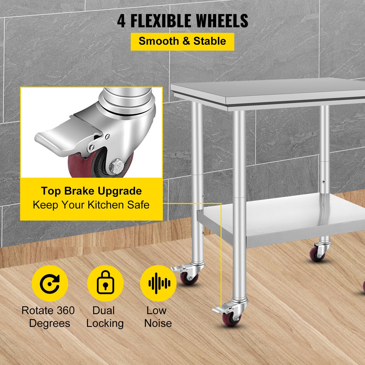 VEVOR 760x610mm Stainless Steel Kitchen Bench Work Bench Food Prep Table Wheels