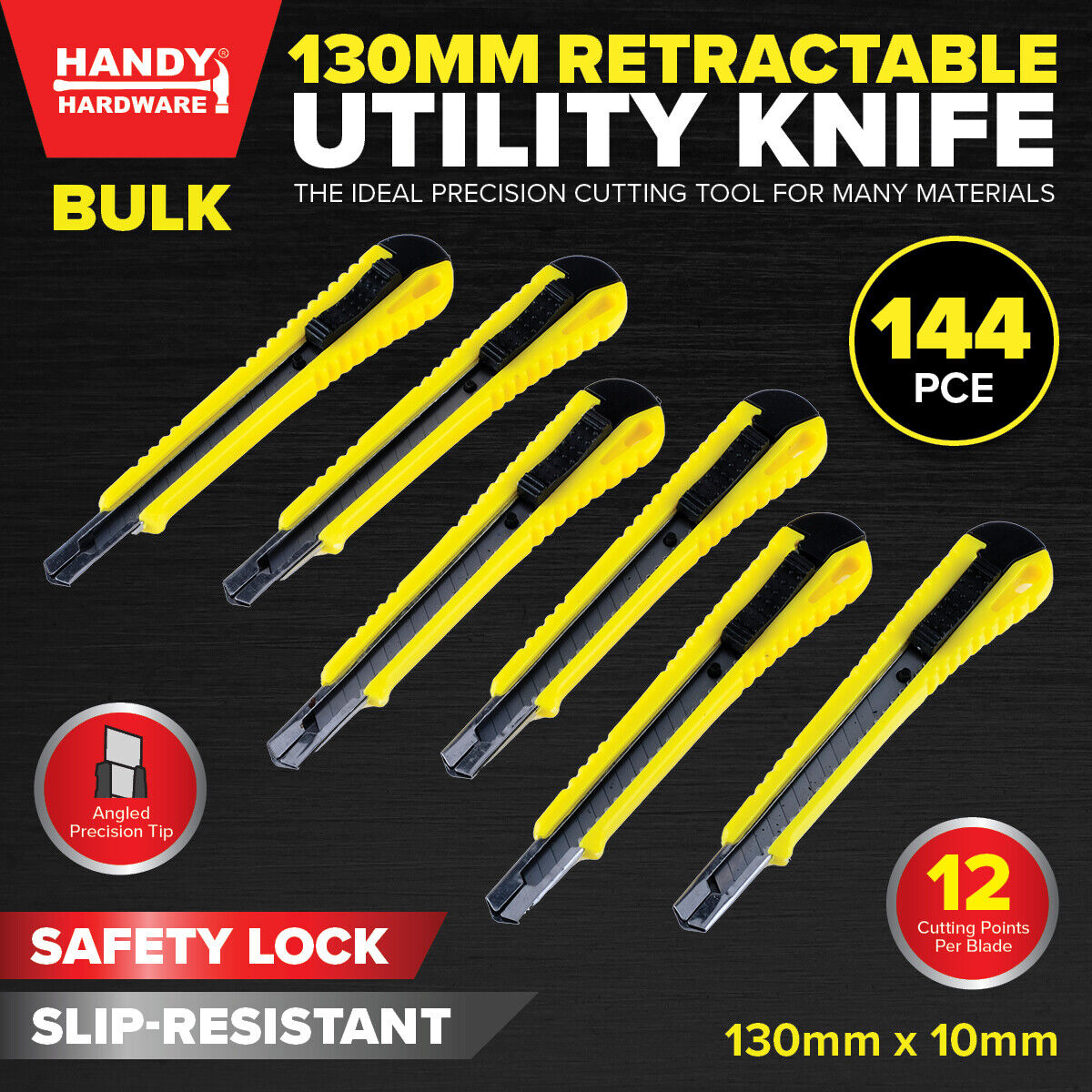 Handy Hardware® 144PCE Utility Knife Retractable Safety Lock Easy Slide 130mm