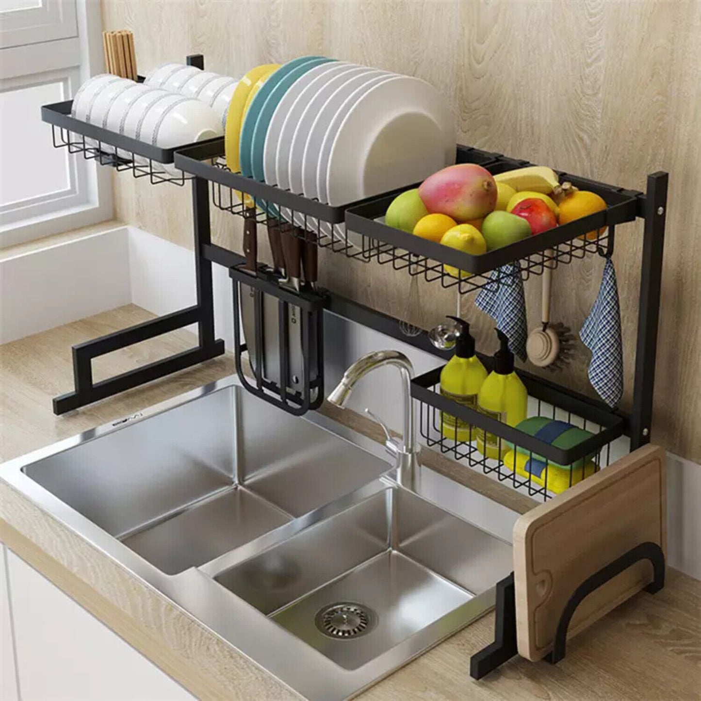 Gominimo Dish Drying Rack Over Sinks Adjustable Kitchen Organiser Black