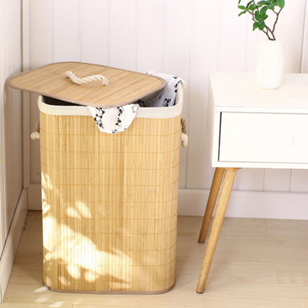 Bamboo Laundry Hamper Basket Wicker Clothes Storage Bag Sorter Bin With Lid