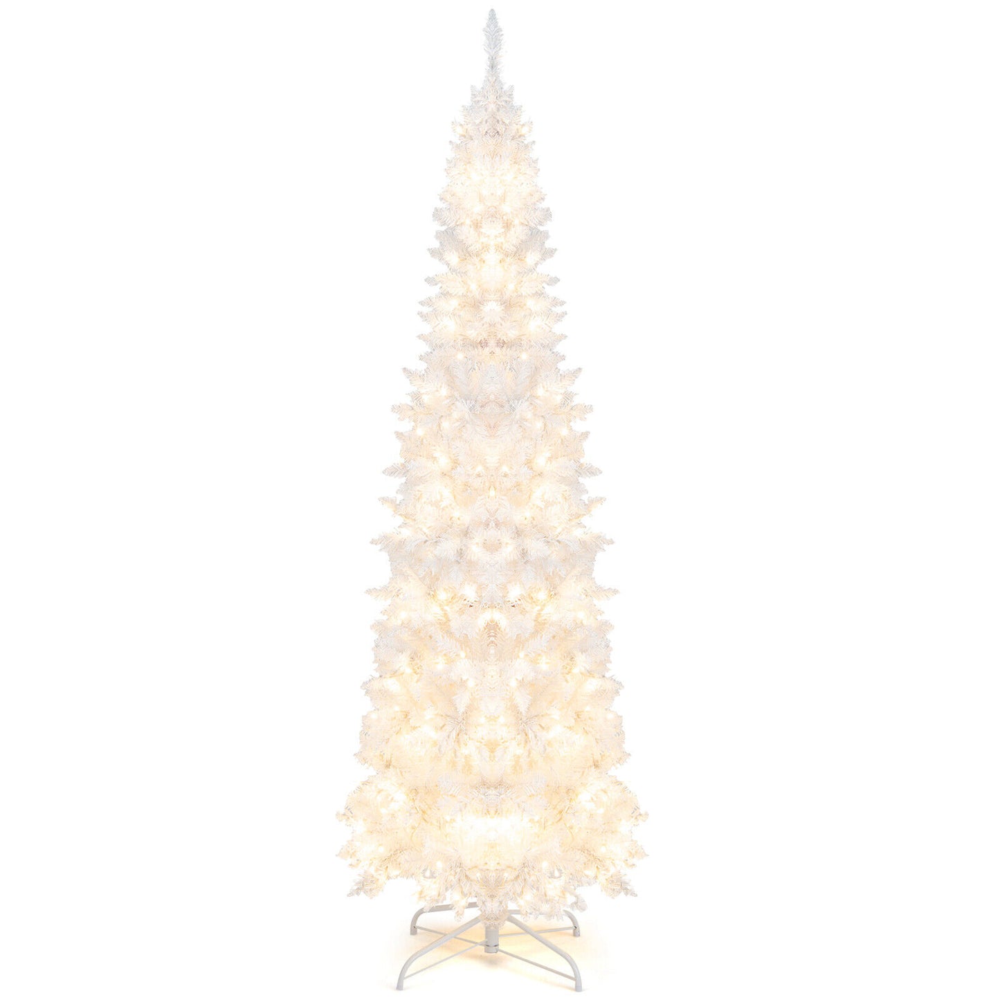 2.1M Pre-Lit White Christmas Tree Slim Pencil Artificial Hinged Xmas Tree Xmas