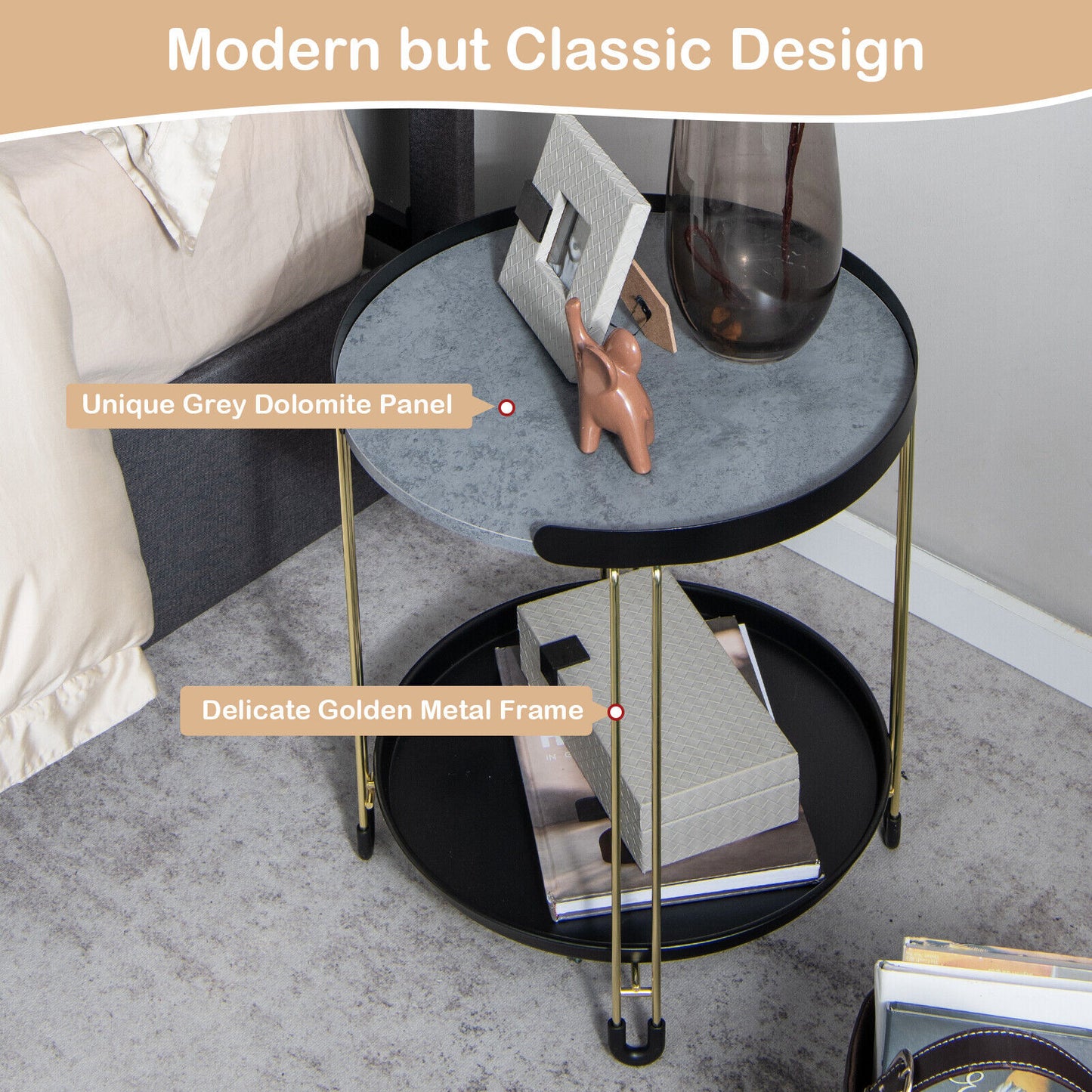 2-Tier Side End Table Round Nightstand Gold Frame for Living Room Bedroom