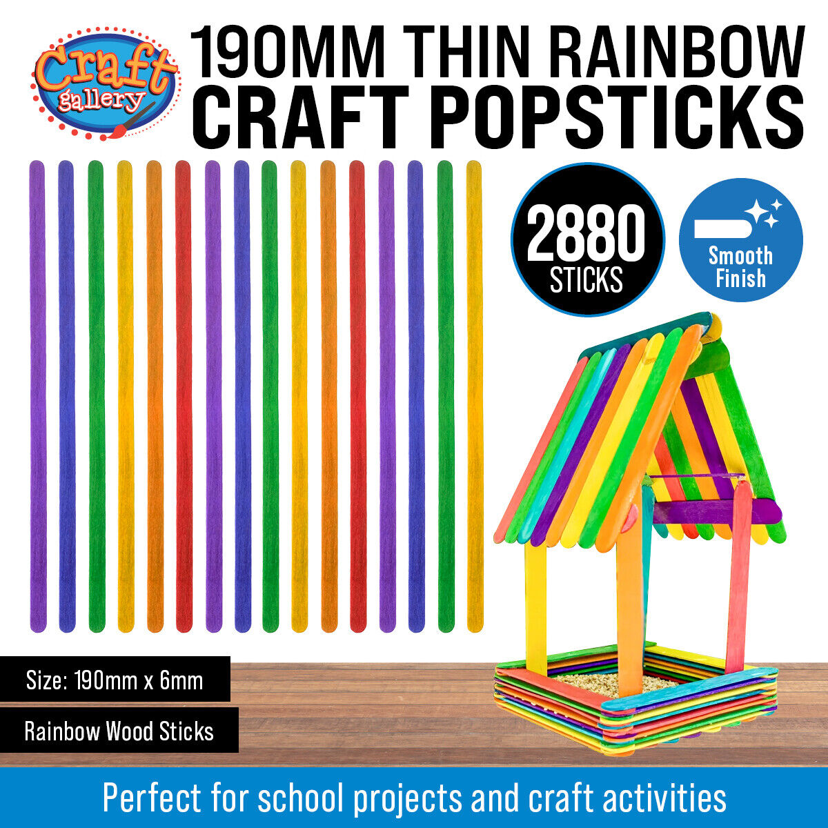 Craft Gallery® 2880PCE Thin Rainbow Wooden Craft Sticks Multipurpose 6 x 190mm