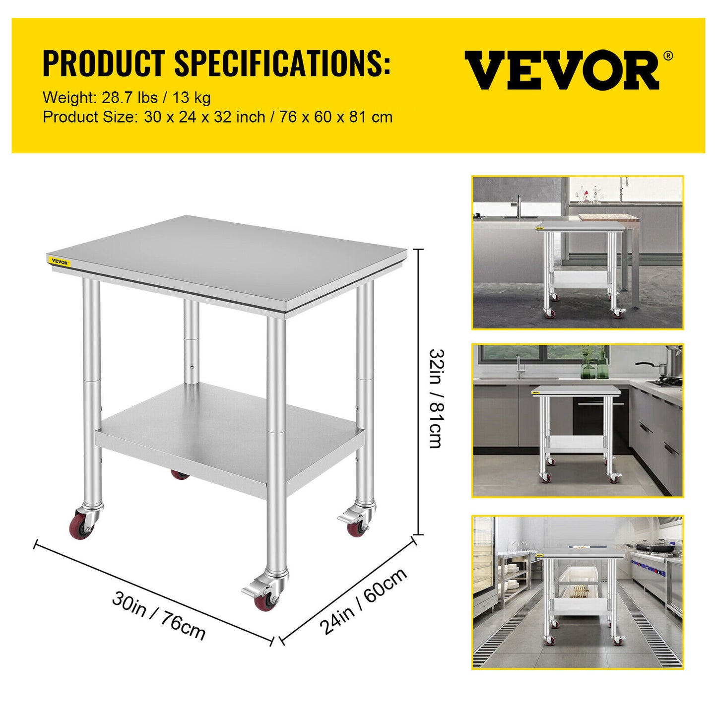 VEVOR 760x610mm Stainless Steel Kitchen Bench Work Bench Food Prep Table Wheels