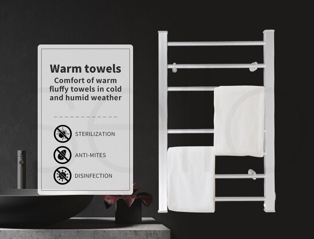 Heated Towel Rail Bathroom Electric Heater Rack Warmer Clothes Dryer Silver 130W