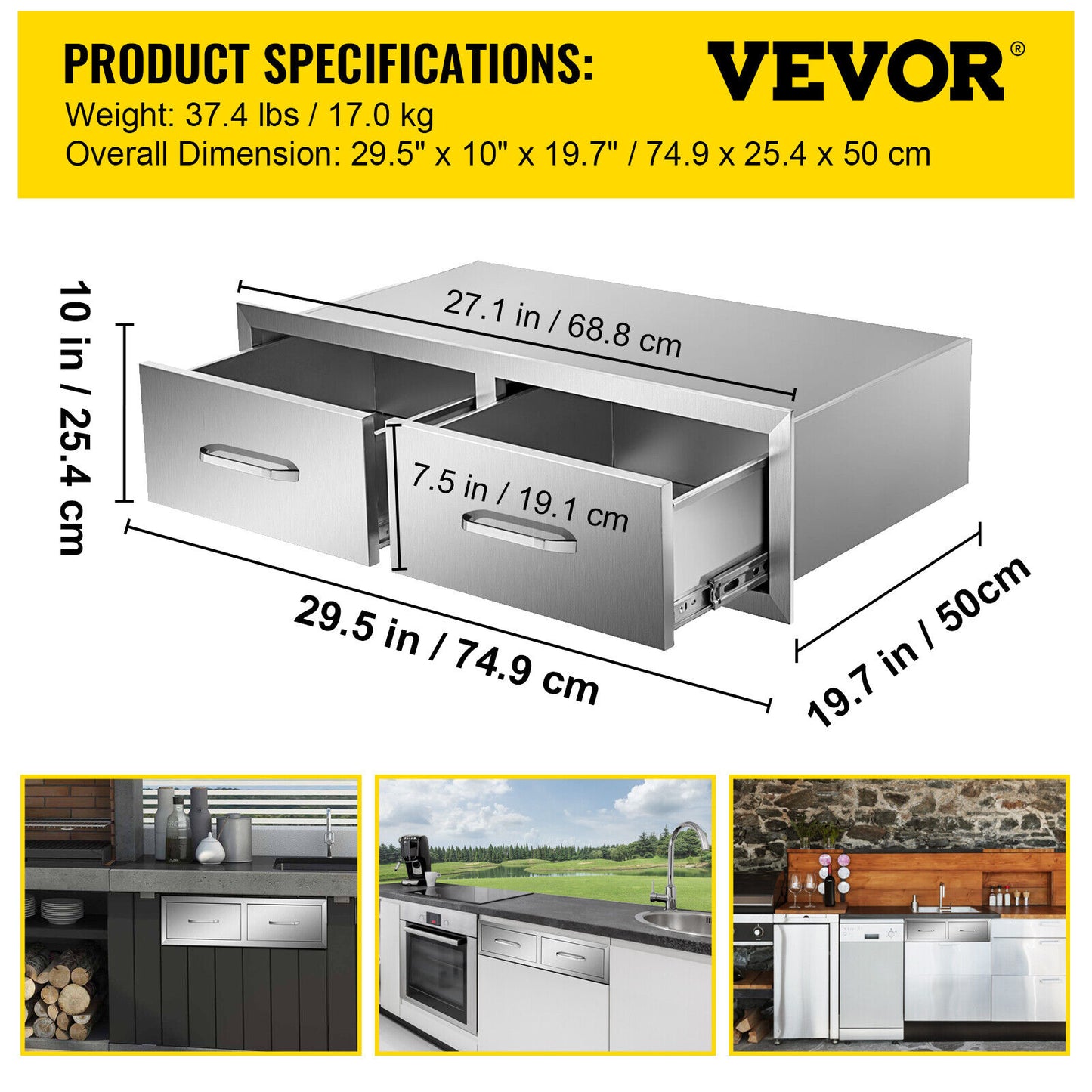 BBQ Drawer 30x20x10" Double Horizontal Drawers Flush Style Outdoor Kitchen