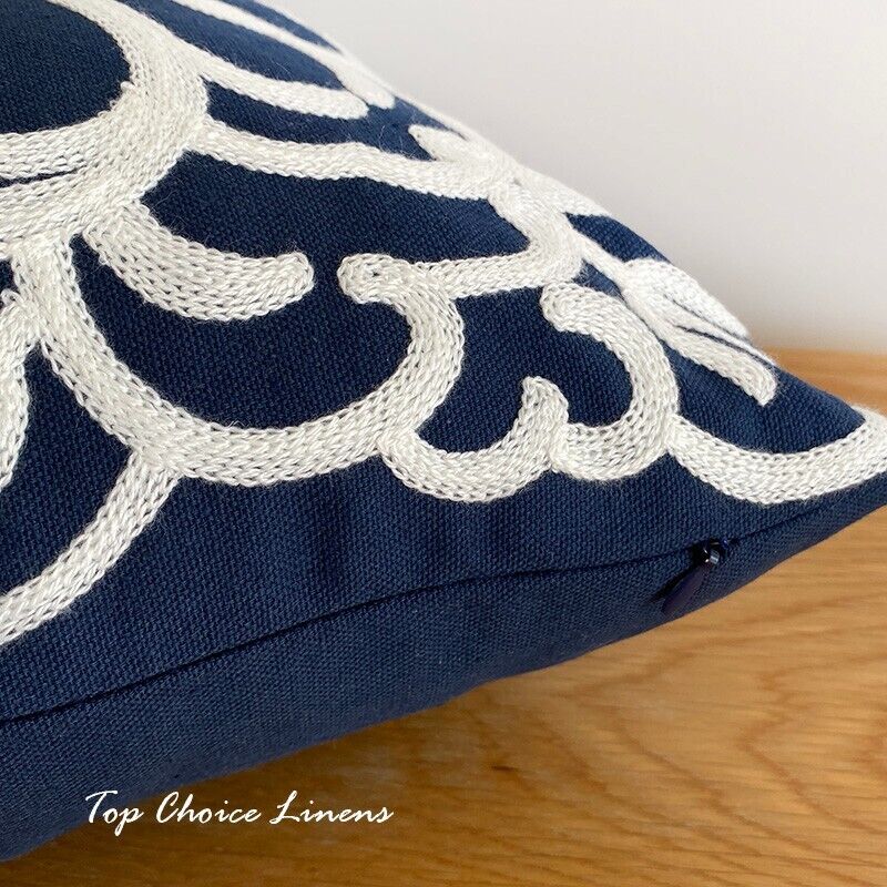 45 x 45cm Home Dark Navy/White Abstract Floral Embroidered Cushion Cover