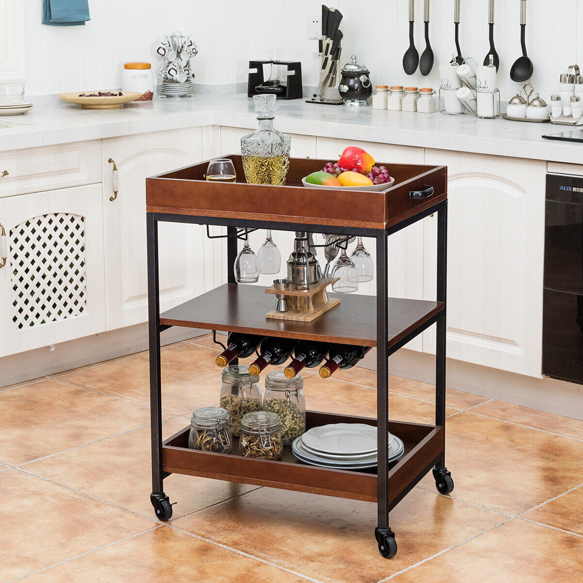 Giantex Kitchen Serving Cart Utility Trolley Cart 3-Tier Shelf w/ Glass Holder