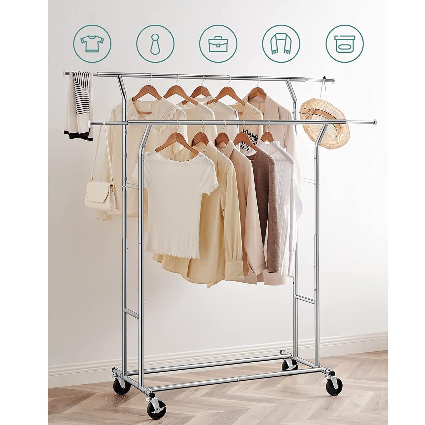 Metal Clothes Rack Stand on Wheels Heavy Duty Silver