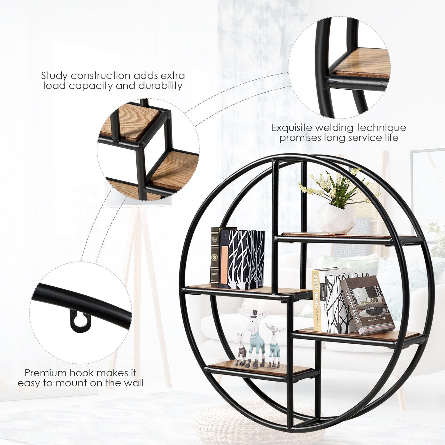 Hanging Storage Shelf Round Circular Wall-Mounted 4-Tier Room Decoration