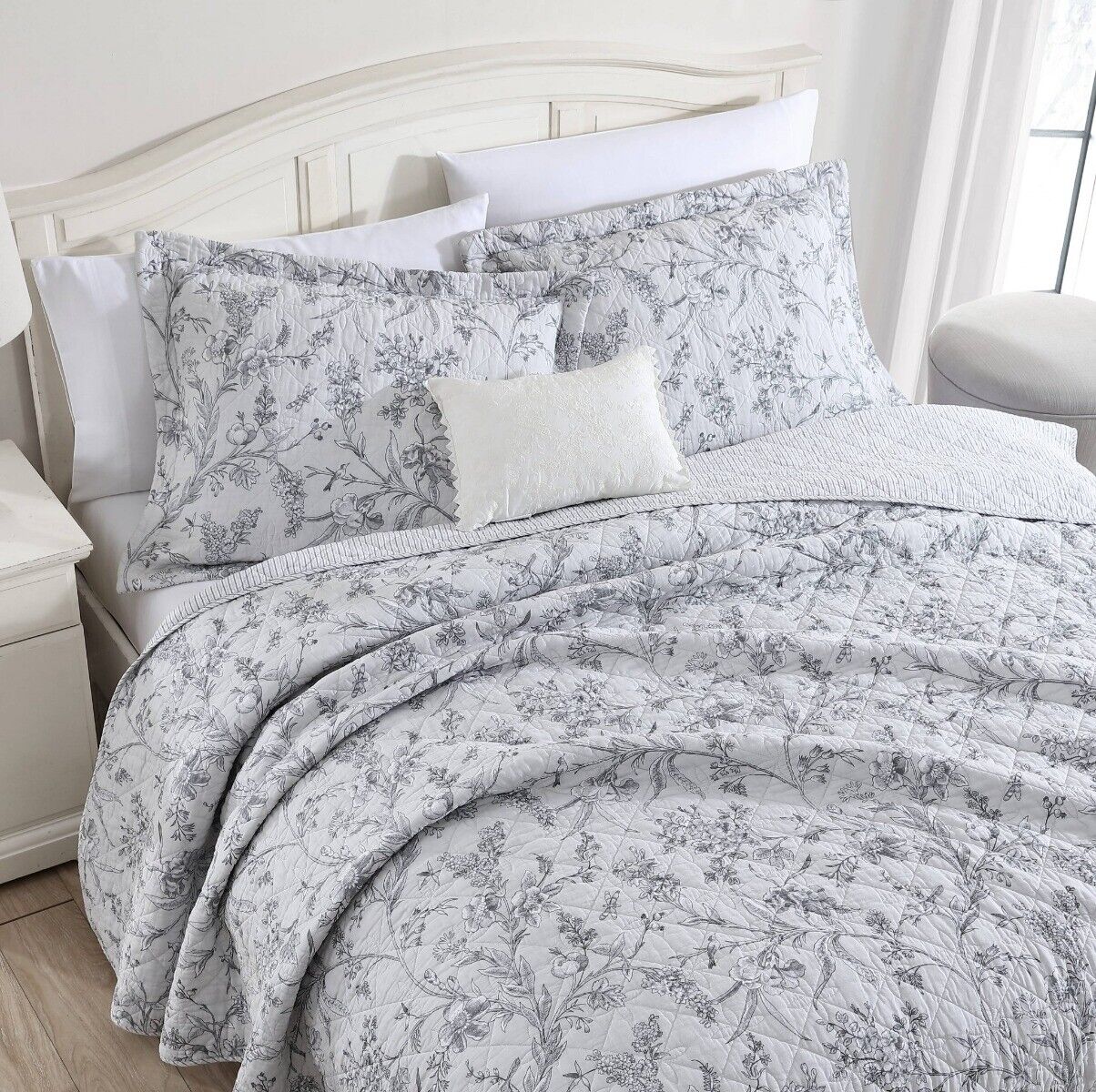 Laura Ashley Branch Toile Printed Coverlet Set - Grey