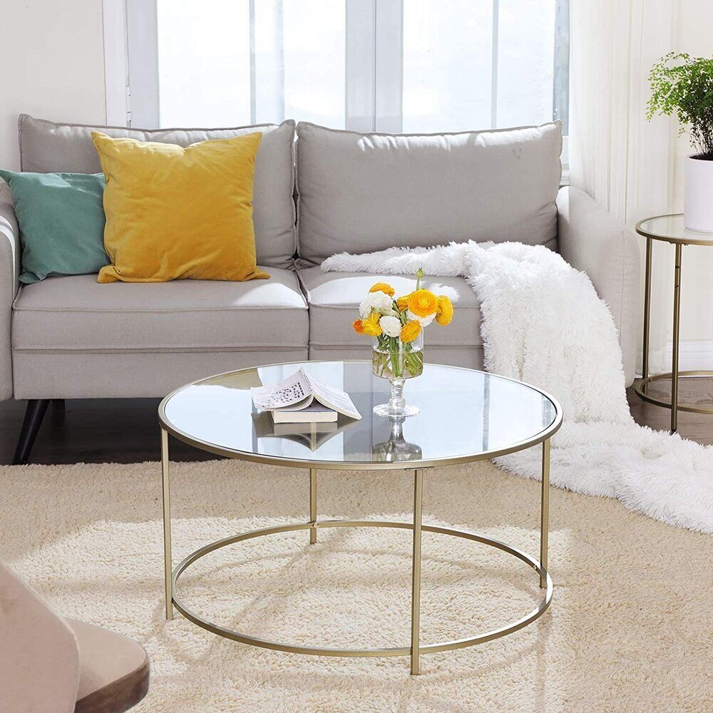 Vasagle Round Tempered Glass Coffee Table Side Table Sofa Table Metal Frame