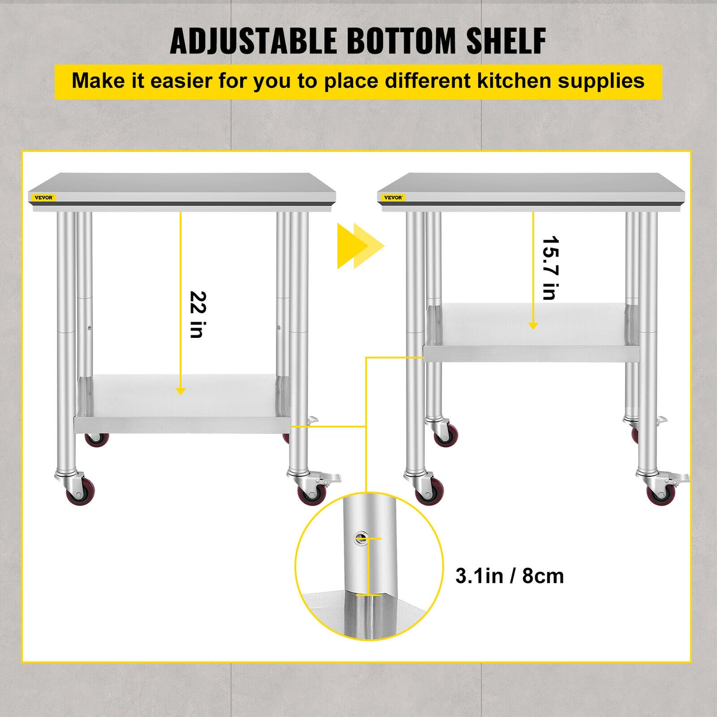 VEVOR 760x610mm Stainless Steel Kitchen Bench Work Bench Food Prep Table Wheels