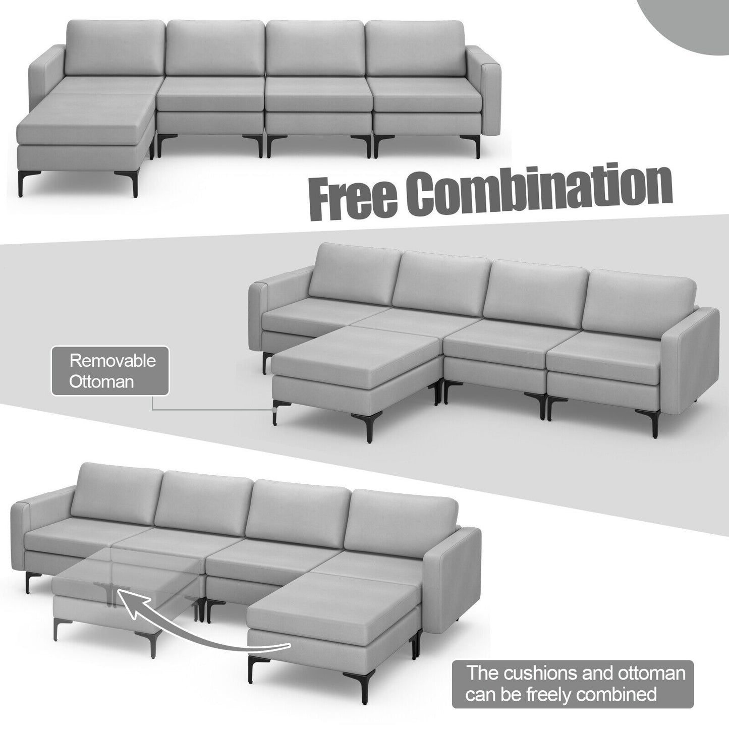 4 Parts L-shaped Sectional Sofa Lounge Couch Modular Furniture Home Chaise Gray