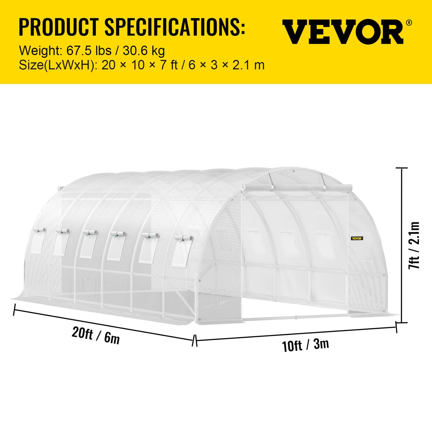 VEVOR Walk-in Tunnel Greenhouse Galvanized Frame & Waterproof 20x10x7ft