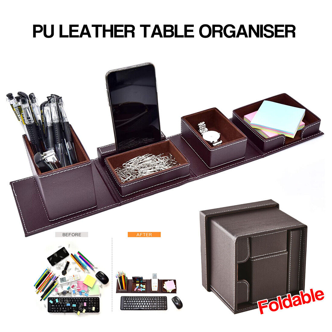 Foldable PU Leather Smart Desktop Table Stationery Organiser Office Storage