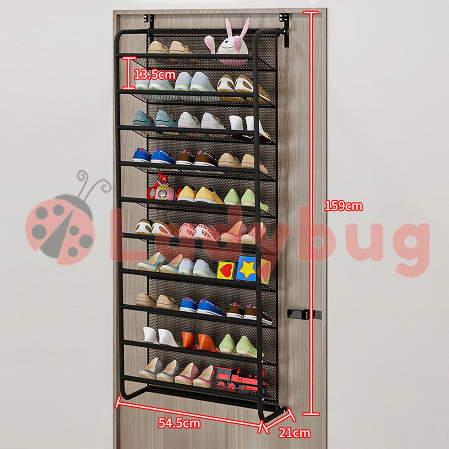 10 Tier 36 Pair Over The Door Shoe Organiser Hanging Shoe Storage Shelf Black