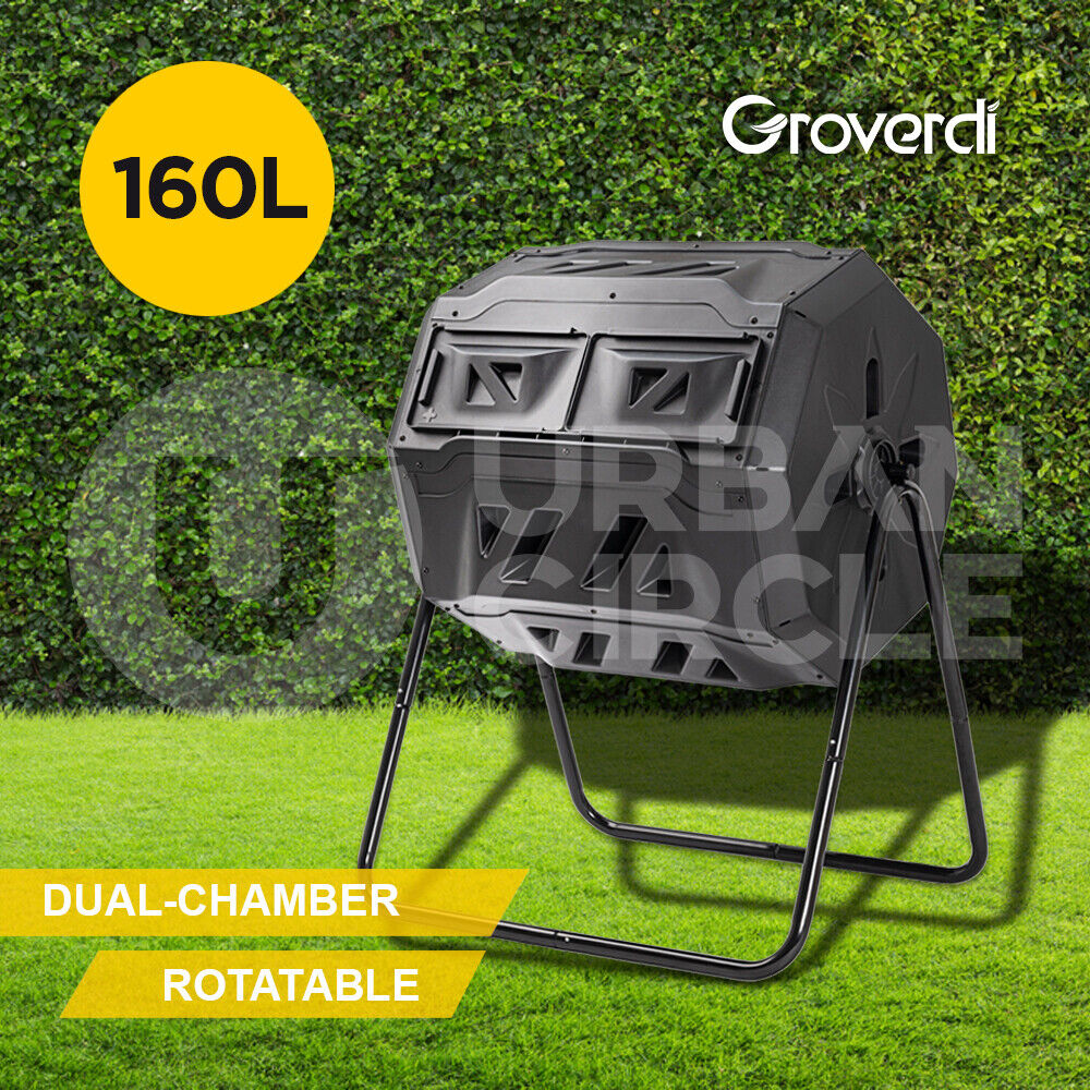 Groverdi 160L Compost Bin Tumbling Composter Dual Chamber Rotating Recycle Waste