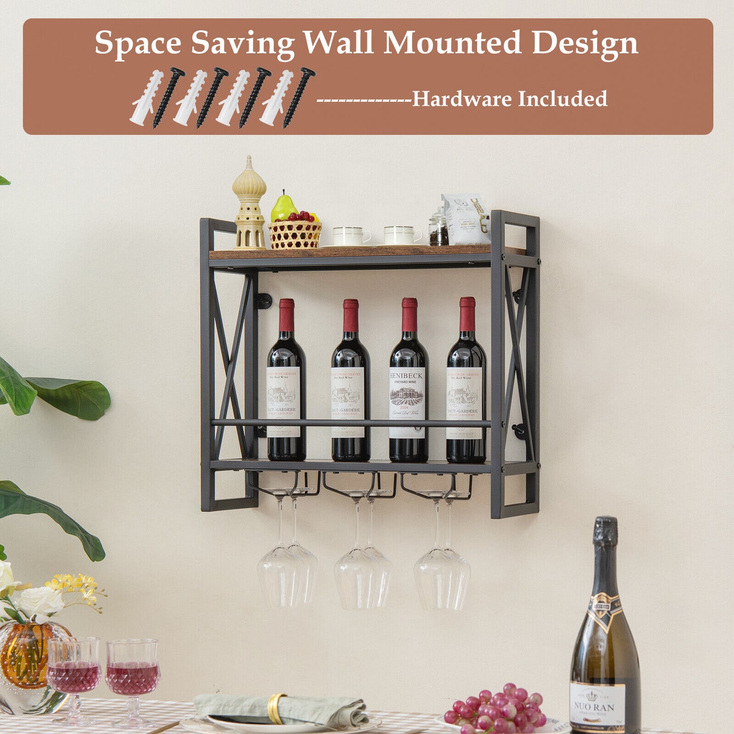 Giantex Industrial Wall Mounted Wine Rack, 2-Tier Wine Shelf, Rustic Brown