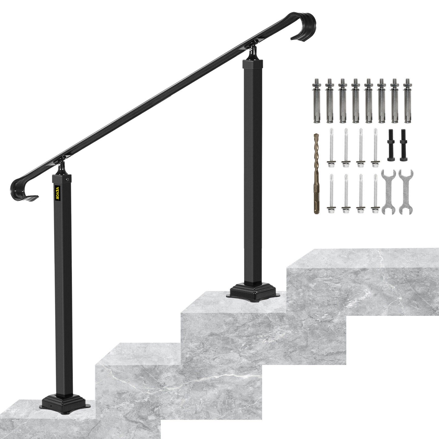 VEVOR Adjustable Iron Handrail Black Fit 2 or 3 Steps Handrail Concrete Decor