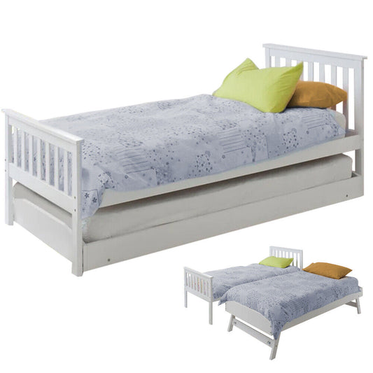 Wooden Single Bed Frame w/ Pop Up Trundle White Kids Bedroom