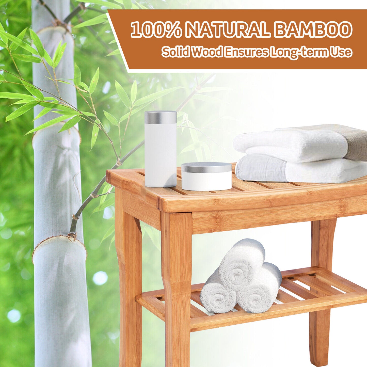 Shower Seat Bench Bamboo Bathroom Spa Organiser Stool W/ Storage Shelf