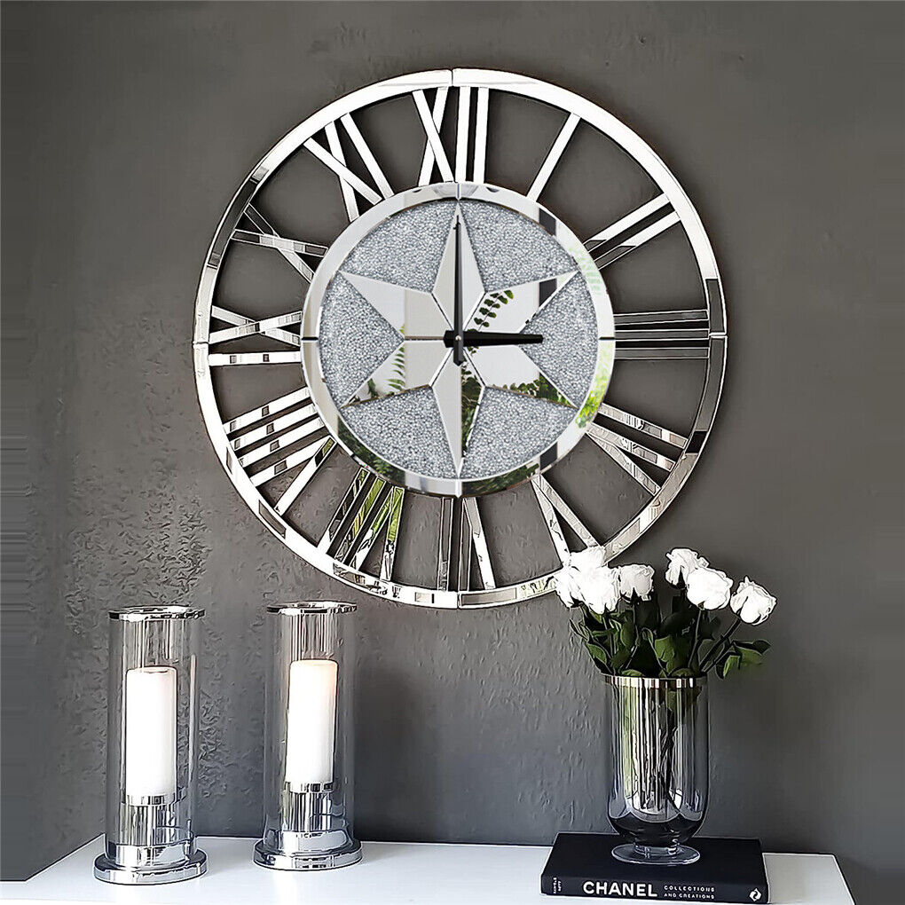 Sparkle Twinkle Crystal Diamond Wall Clock Silver Mirror Wall Decor Big Clocks