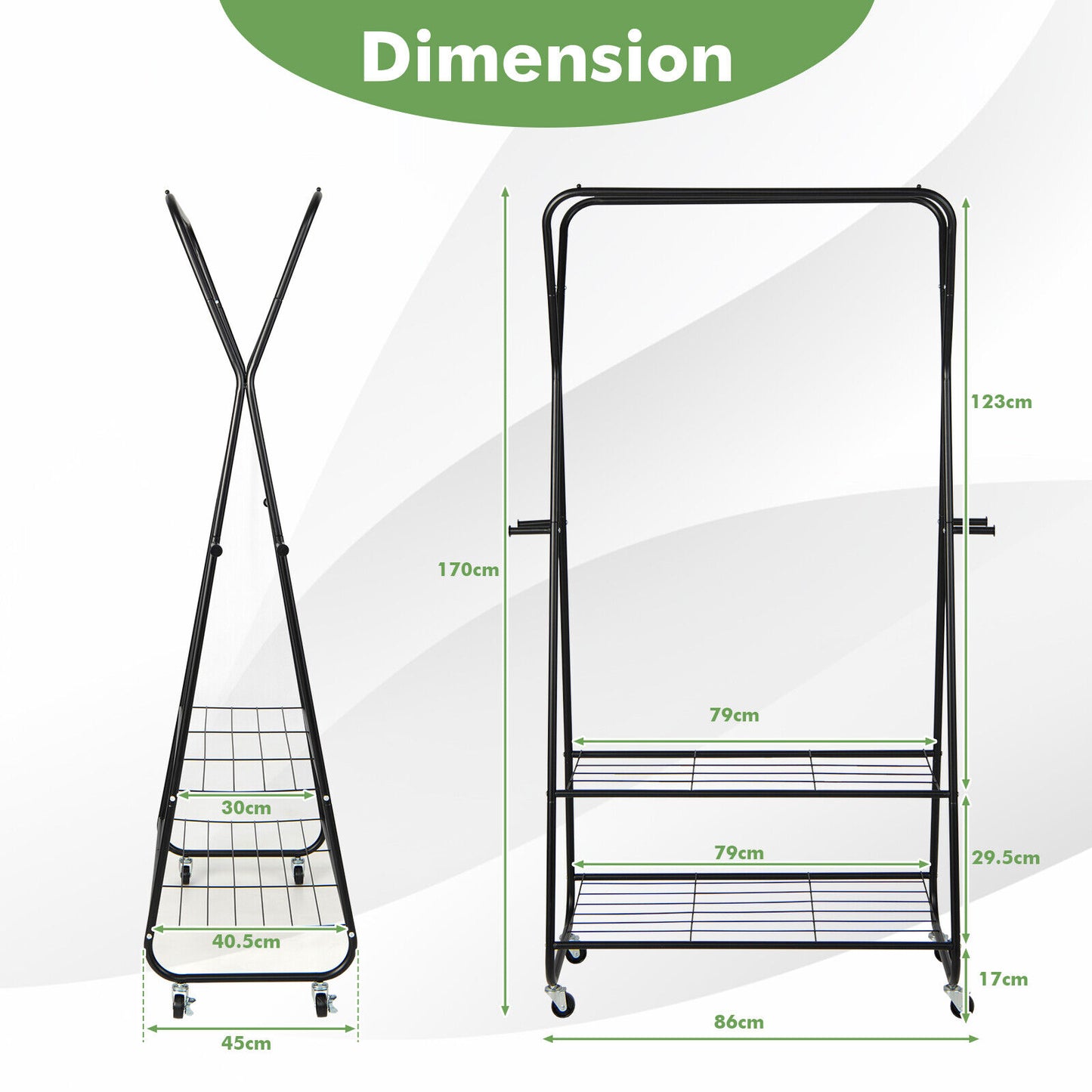 Heavy Duty Double Rail Garment Rack Clothes Rack on Wheels / Shelves & Hooks