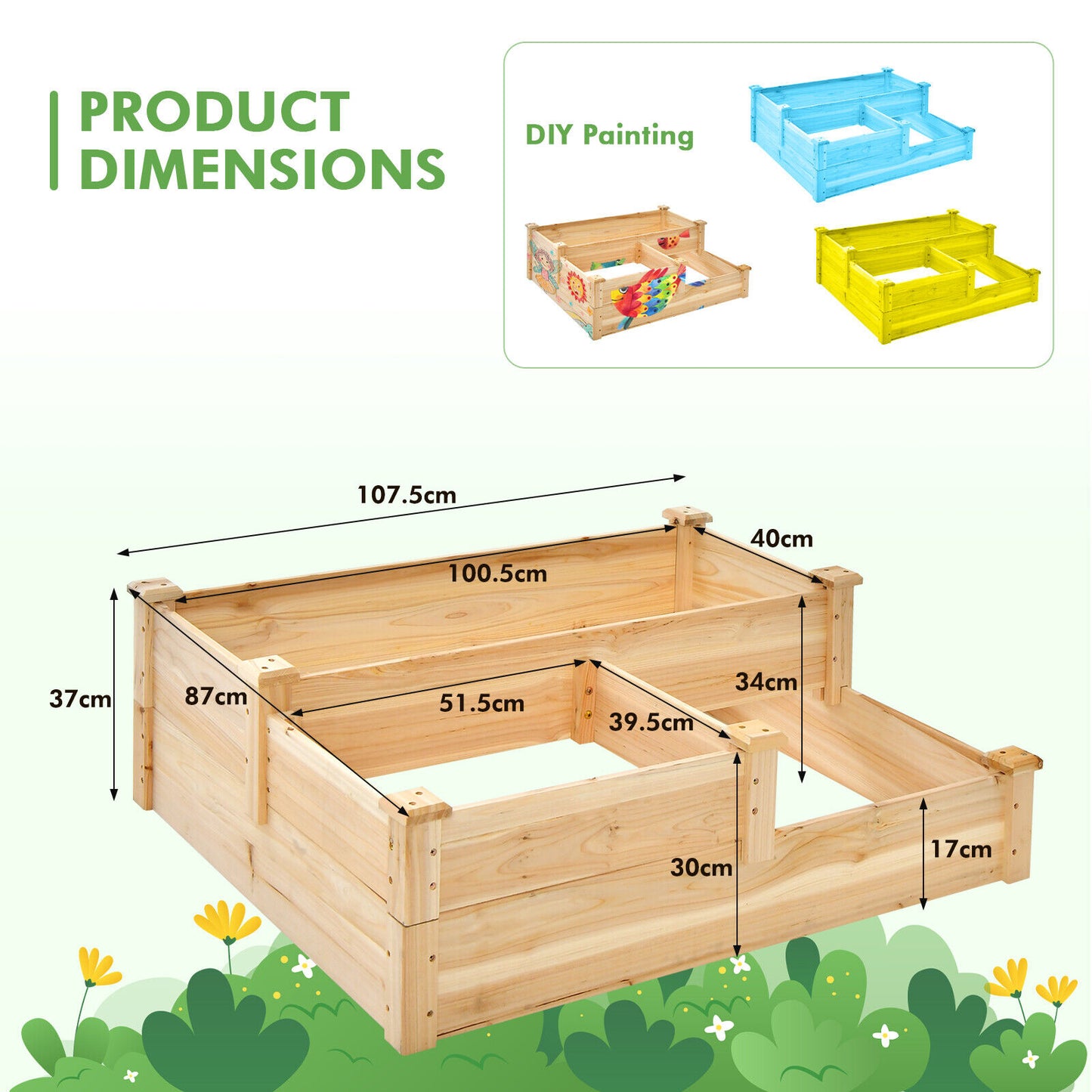 3-Tier Outdoor Raised Garden Bed Vegetable Planter Box for Patio Lawn Backyard