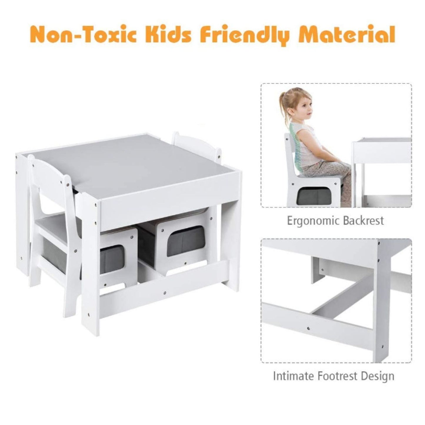 3PCS Kids Table and Chairs Set with Black Chalkboard (Grey)