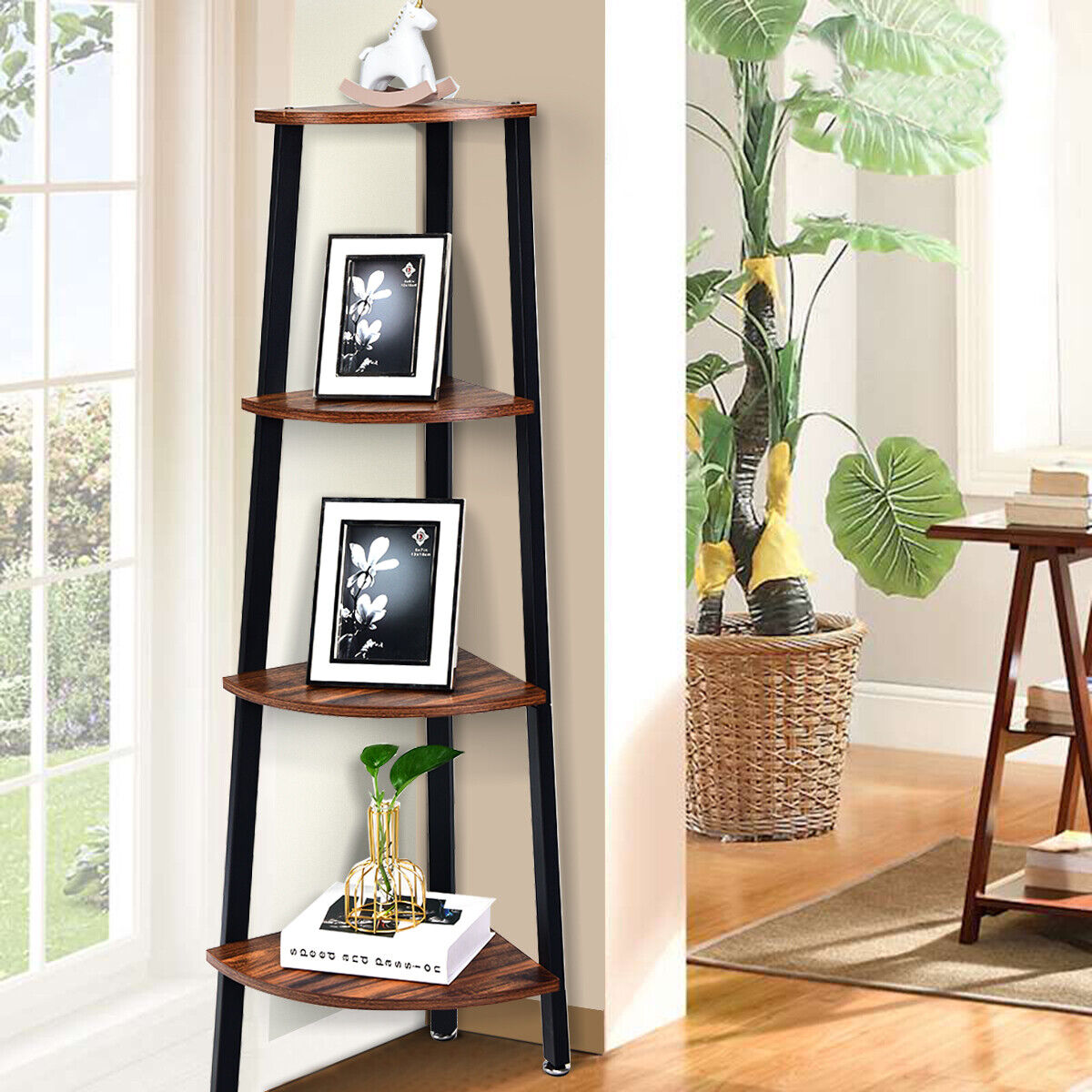 Giantex Corner Shelf 4-Tier Storage Display Rack Bookshelf Metal Frame