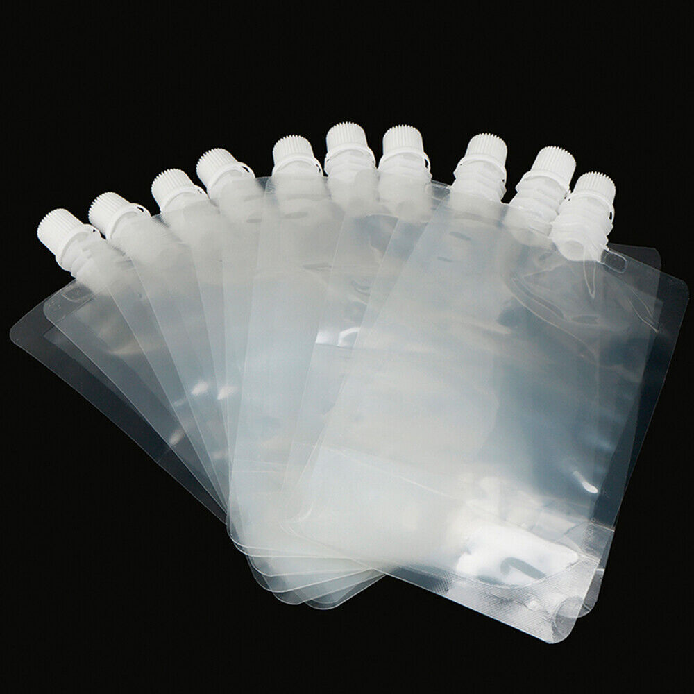 10PCS 250ML Clear Plastic Spout Flask Bladder Bags Alcohol Pouch Leak Proof Cap