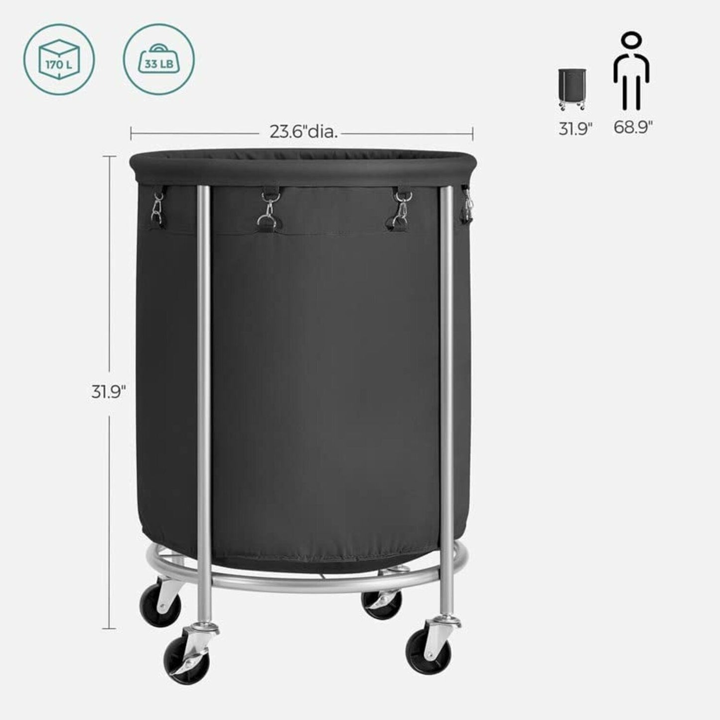 Songmics Laundry Basket with Wheels with Steel Frame and Removable Bag Black