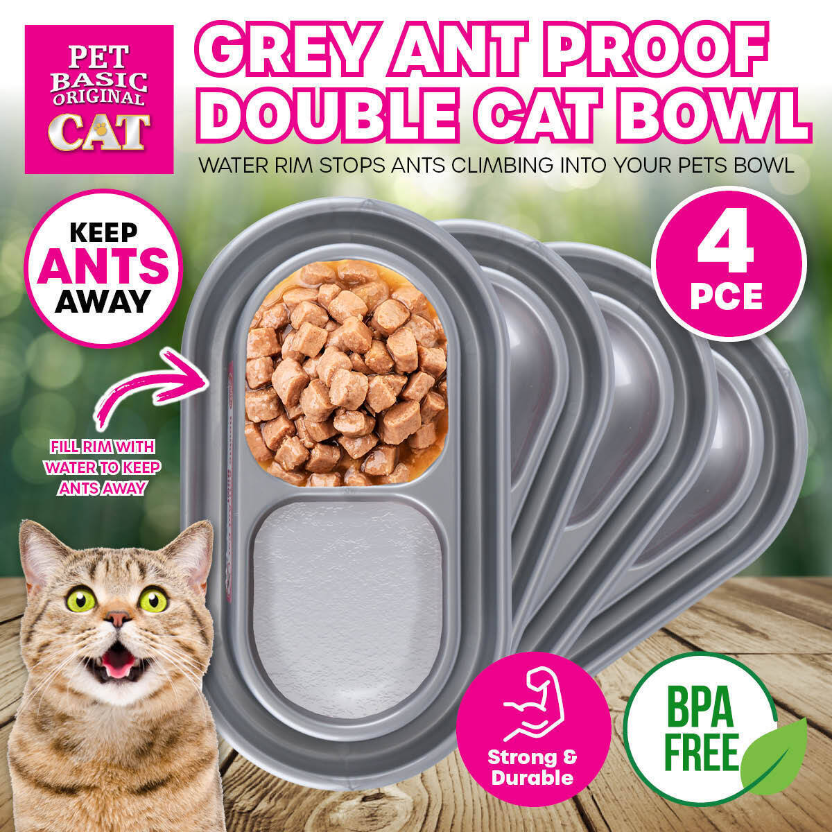 Pet Basic® 4PCE Dual Cat Bowl Ant Proof Designed Rim Stylish Durable 27.5cm