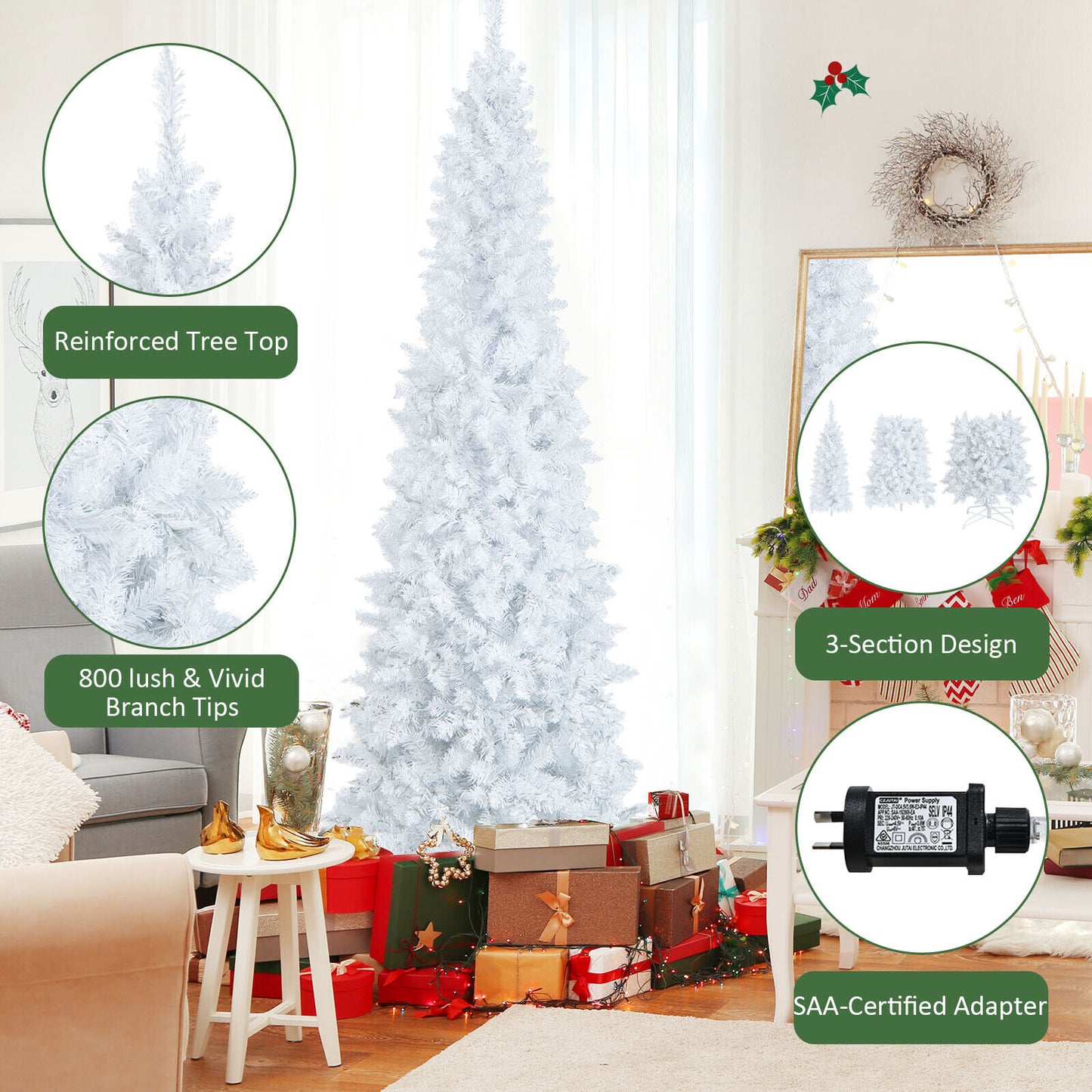 2.1M Pre-Lit White Christmas Tree Slim Pencil Artificial Hinged Xmas Tree Xmas