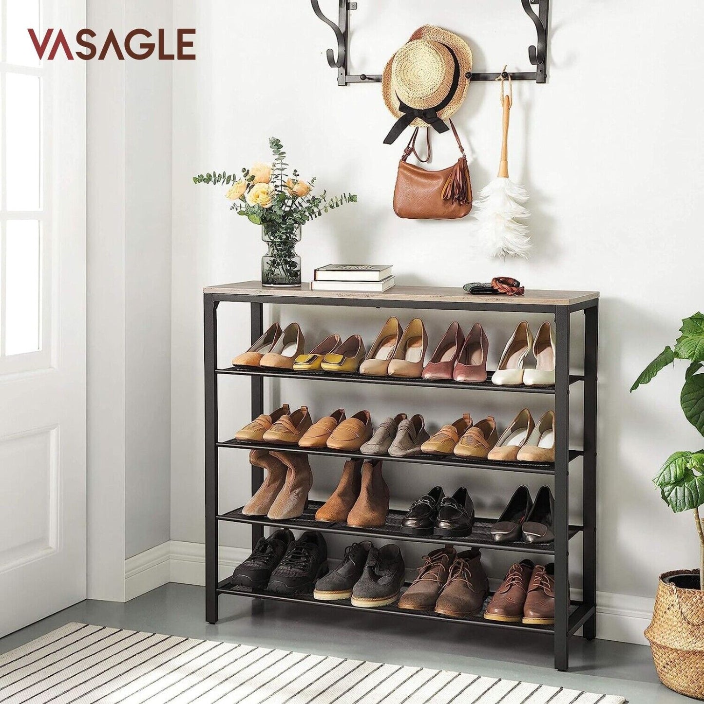 VASAGLE INDESTIC Shoe Rack Organizer with 4 Mesh Shelves Industrial Greige