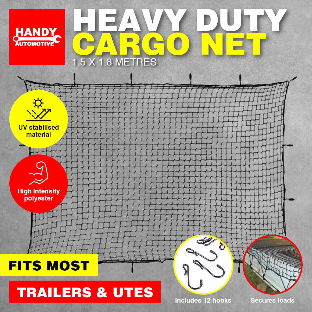 Handy Automotive Cargo Net 1.8m x 1.5m Square Mesh Safe & Secure for Utes/Traile