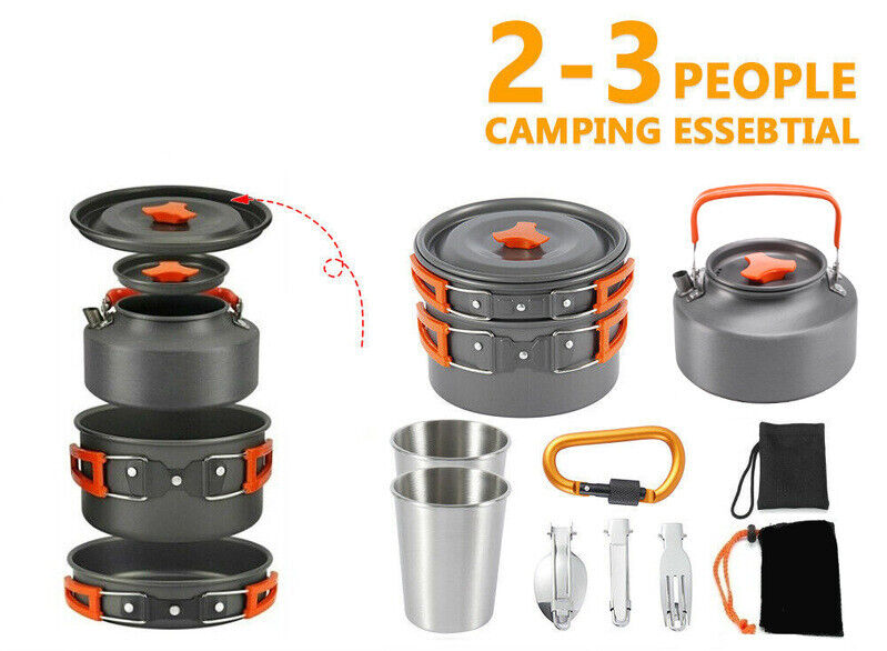 Camping Cookware Set Outdoor Hiking Cooking Pot Pan Portable Picnic Orange